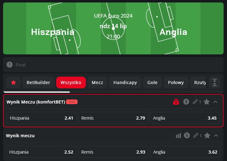 Promocja komfortBET w Betters na finał EURO 2024 (Hiszpania-Anglia)