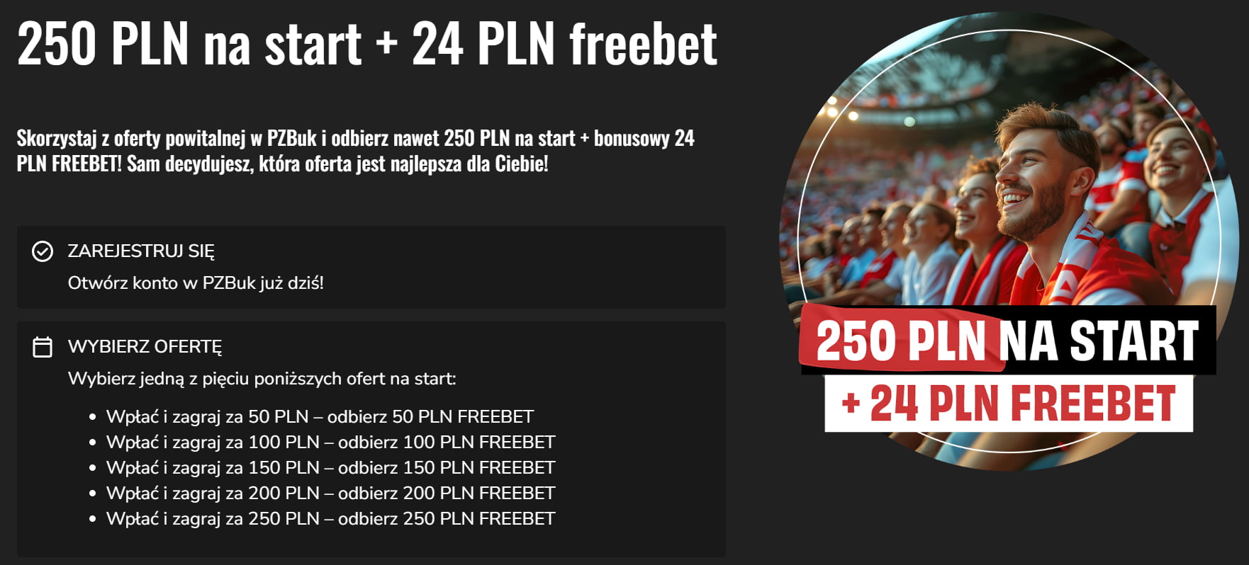 Bonus powitalny w PZBuk - freebet 250 zł + freebet 24 zł