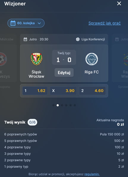 Wizjoner STS - 60. kolejka. Typ na Śląsk Wrocław - Riga FC, kursy, nagrody