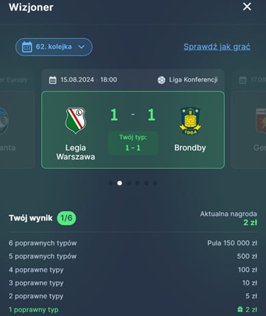 Wizjoner STS - 62. kolejka. Typ na Legia Warszawa - Brondby, nagrody