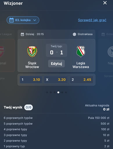 Wizjoner STS - 63. kolejka. Typ na Śląsk Wrocław - Legia Warszawa, kursy, nagrody