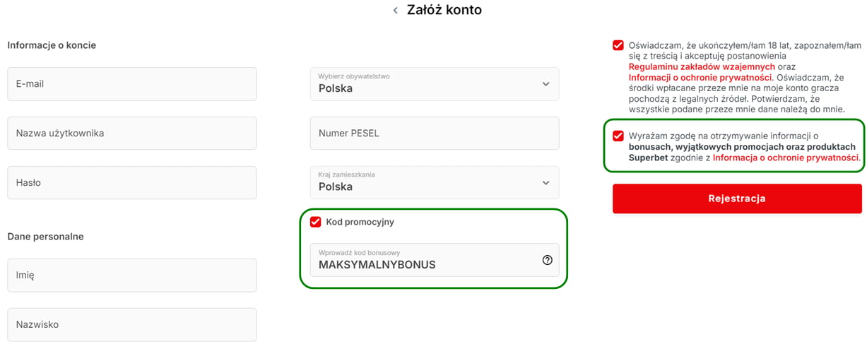 Formularz rejestracyjny Superbet - kod promocyjny: MAKSYMALNYBONUS i zaznaczone zgody marketingowe