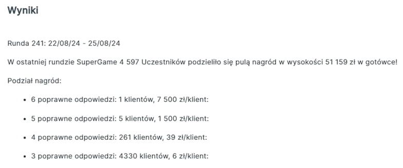 Lista nagród wypłaconych graczom przez Superbet w 241. rundzie gry SuperGame