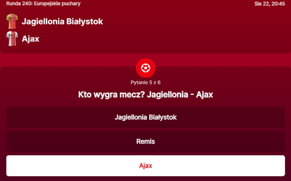 SuperGame w Superbet - typ bukmacherski na 240. rundę (Jagiellonia Białysok - Ajax Amsterdam)