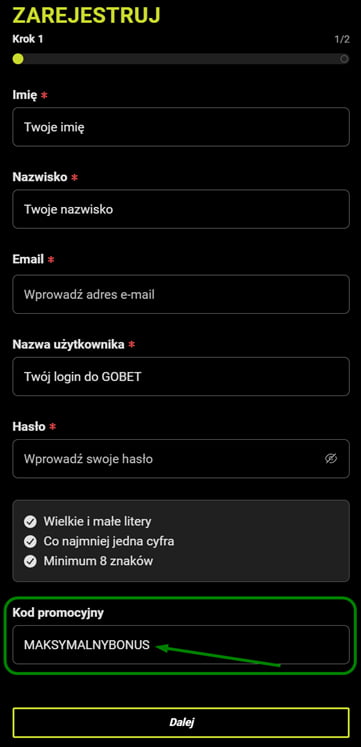 Formularz rejestracyjny GOBET z wpisanym najlepszym kodem promocyjnym: MAKSYMALNYBONUS