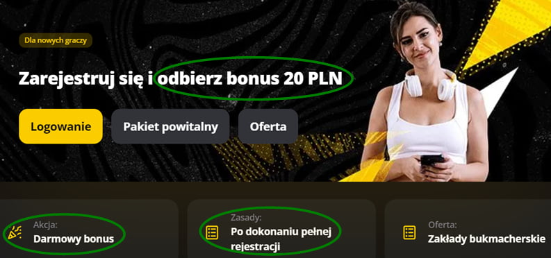 Zarejestruj się i odbierz darmowy bonus bez depozytu 20 zł w LV BET, za pełną rejestrację konta. Kobieta w słuchawkach ze smartfonem