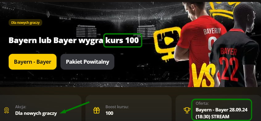 Dodatkowy bonus powitalny 100 zł dla nowych graczy LV BET - za zakład na Bayern lub Bayer wygra, z kursem 100. Zawodnicy w koszulkach obu drużyn.