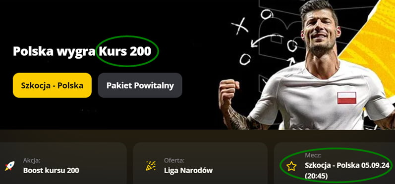 Promocja powitalna "Polska wygra Kurs 200" w LV BET. Boost kursu 200, Liga Narodów, Szkocja - Polska 5.09.2024 r. Piłkarz w koszulce Polski