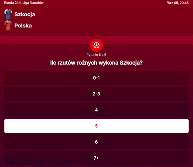 SuperGame w Superbet - typ bukmacherski na 244. rundę (Ile rzutów rożnych wykona Szkocja w meczu Szkocja - Polska w Lidze Narodów UEFA?)