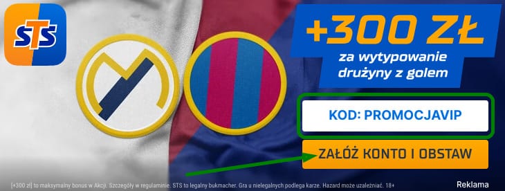 Bonus powitalny STS - dodatkowe 300 zł za zakład na gola wybranej drużyny w meczu Real Madryt-FC Barcelona (La Liga). Kod promocyjny: PROMOCJAVIP. Herby obu klubów.