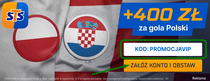 Bonus powitalny STS - dodatkowe 400 zł za strzelenie gola przez Polskę w meczu z Chorwacją (Liga Narodów UEFA). Kod promocyjny: PROMOCJAVIP. Flagi obu państw.