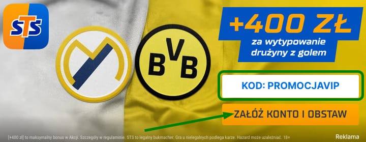 Bonus powitalny STS - dodatkowe 400 zł za zakład na gola wybranej drużyny w meczu Real Madryt-Borussia Dortmund (Liga Mistrzów UEFA). Kod promocyjny: PROMOCJAVIP. Herby obu klubów.