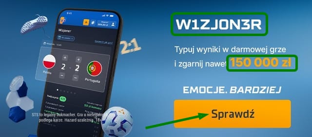 Wizjoner w STS - typuj wyniki w darmowej grze i zgarnij nawet 150 000 zł. Widok promocji Wizjoner w aplikacji na smartfonie.