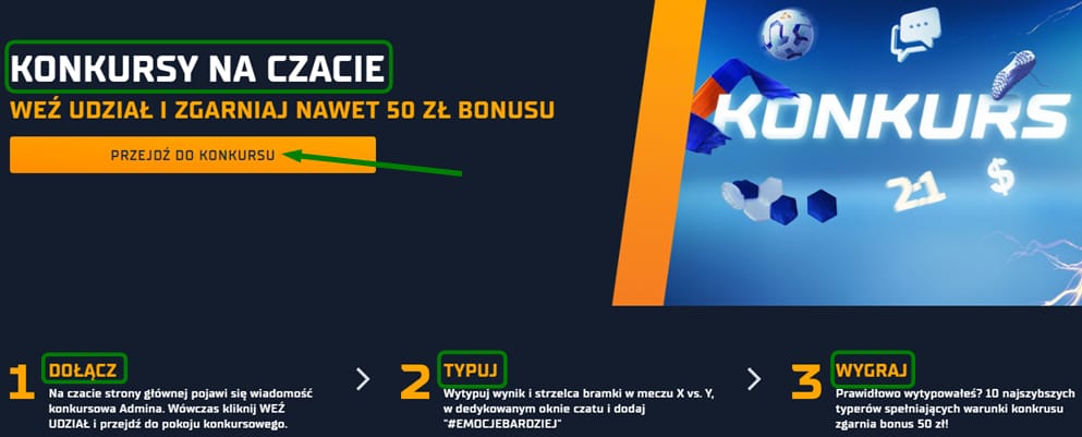 Konkursy na czacie w STS - weź udział i zgarniaj nawet 50 zł bonusu. 1. Dołącz, 2. Typuj, 3. Wygraj.