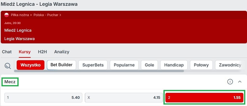 Kursy bukmachera Superbet i typ eksperta na zwycięzcę meczu Miedź Legnica - Legia Warszawa, dostępnego w Powitalnej promocji czasowej Superbet