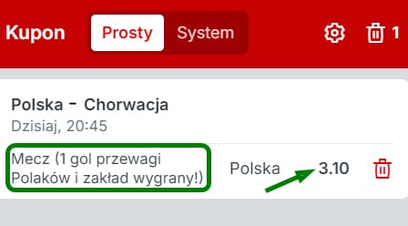 Kupon Superbet z zakładem na mecz Polska - Chorwacja w ramach Wyższego Poziomu Superprzewagi. Specjalny rynek "Mecz (1 gol przewagi Polaków i zakład wygrany!)", kurs 3.10.