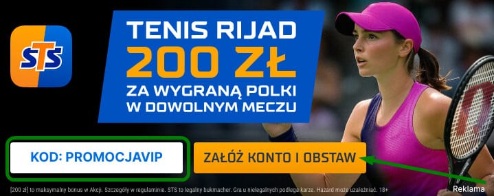 Bonus powitalny STS - dodatkowe 200 zł za zakład na wygraną Igi Świątek w dowolnie wybranym jej meczu w turnieju WTA Finals Rijad 2024. Kod promocyjny: PROMOCJAVIP. Tenisistka z rakietą.