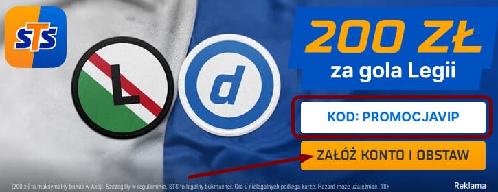 Bonus powitalny STS - dodatkowe 200 zł za zakład na gola Legii w meczu Legia Warszawa-Dinamo Mińsk. Kod promocyjny: PROMOCJAVIP. Herby obu klubów.