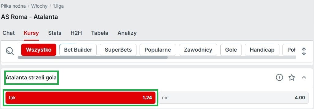 Kursy bukmachera Superbet i typ eksperta na drużynę z golem w meczu AS Roma - Atalanta, dostępnego w Powitalnej promocji czasowej Superbet