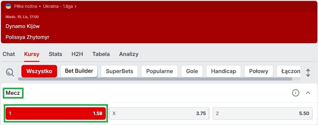 Kursy bukmachera Superbet i typ eksperta na zwycięzcę meczu Dynamo Kijów - Polissia Żytomierz, dostępnego w Powitalnej promocji czasowej Superbet