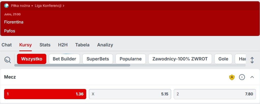 Kursy bukmachera Superbet i typ eksperta na wynik meczu Fiorentina - Pafos, dostępnego w Powitalnej promocji czasowej Superbet