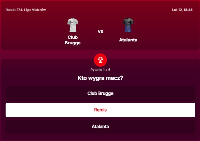 SuperGame w Superbet - typ bukmacherski na 274. rundę (Club Brugge - Atalanta)