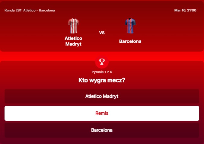 SuperGame w Superbet - typ bukmacherski na 281. rundę (Atletico Madryt - FC Barcelona)