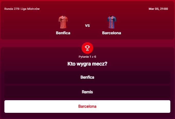 SuperGame w Superbet - typ bukmacherski na 279. rundę (Benfica Lizbona - FC Barcelona)